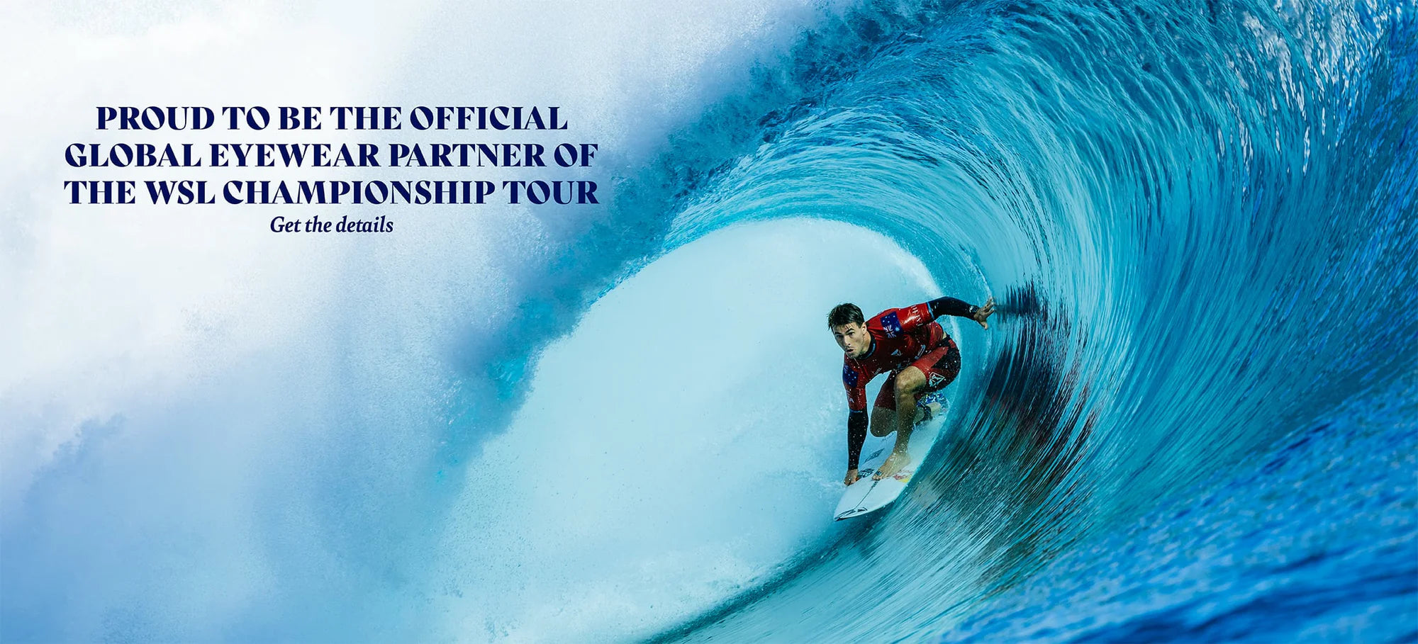 Surfer riding a wave with text about being the official global eyewear partner of the WSL Championship Tour.