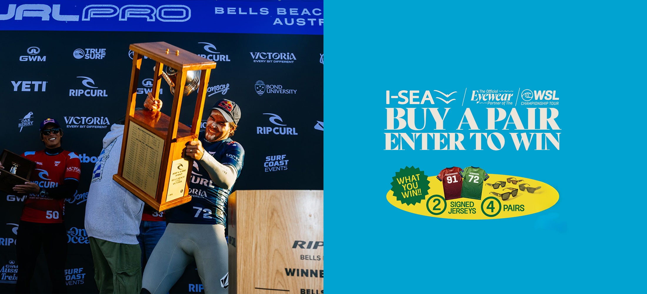 Pro surfer, Jack Robinson ringing the famous Bells Beach Pro bell in 2025, Competition text on a blue background.